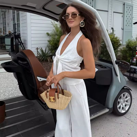 Set Bianco Pantaloni Larghi Vita Alta